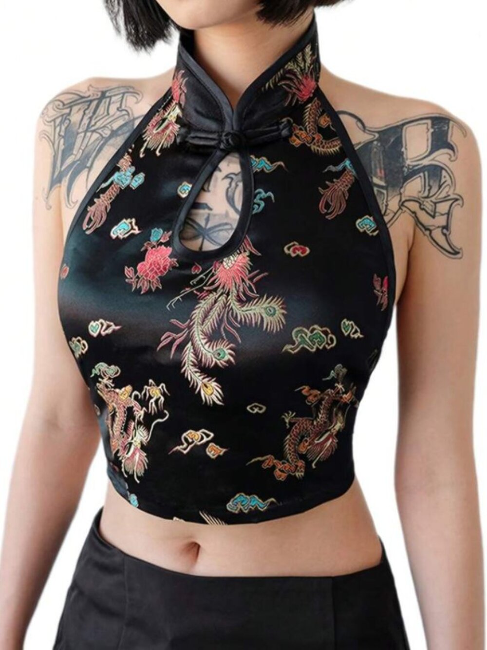 Cheongsam-Style Black Satin Dragon Embroidered Halter